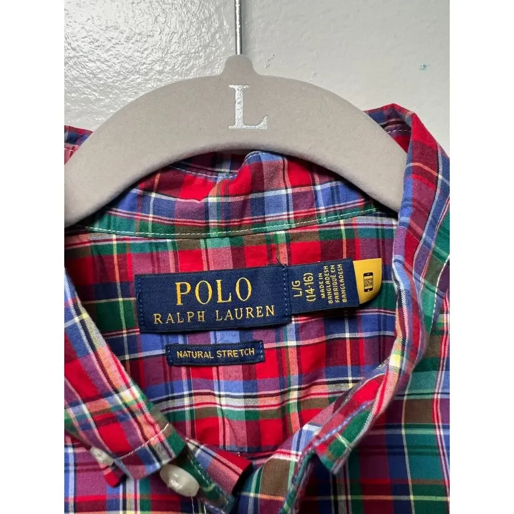 Ralph Lauren Shirt Boys Large 14-16 Red Blue Plaid Long Sleeve Button Down Pony